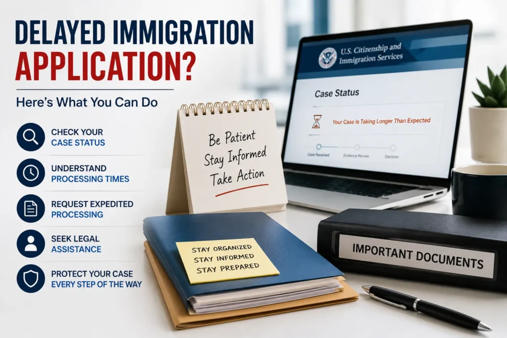 Delayed immigration application guide showing USCIS case status check, processing times, expedite request, and legal assistance
