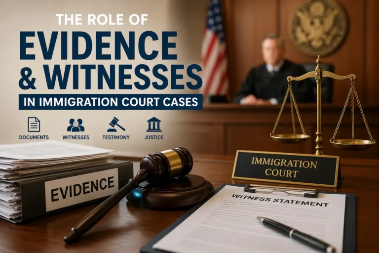 Evidence and witnesses in immigration court cases with legal documents, witness statement, judge, and courtroom setting