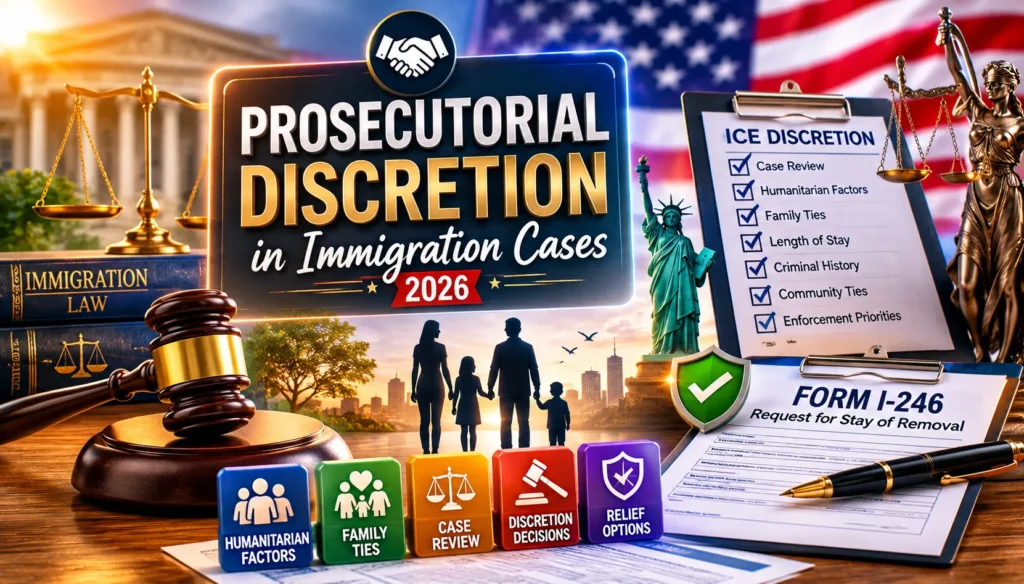 ICE prosecutorial discretion case review showing humanitarian factors, family ties, Form I-246, and immigration relief options.
