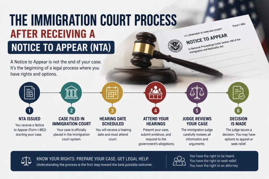 Immigration court process after receiving a Notice to Appear (NTA), including hearings, judge review, and final decision