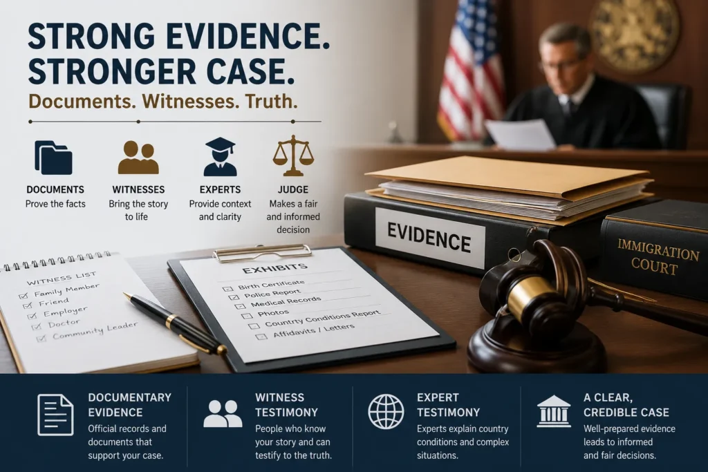 Immigration hearing evidence checklist with witness testimony, expert witnesses, legal documents, and courtroom background