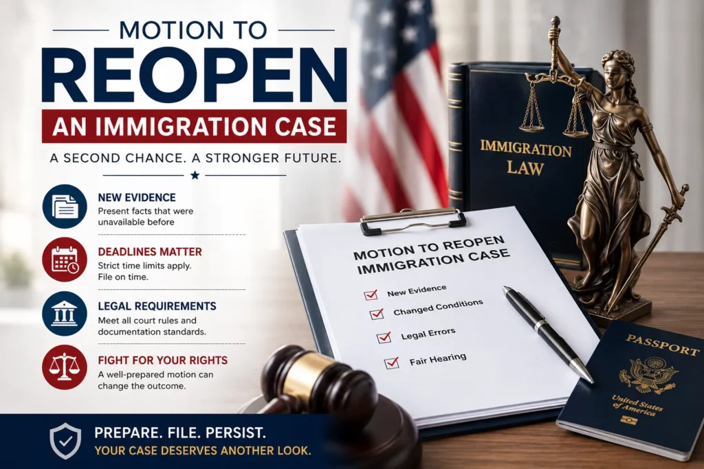 Motion to reopen immigration case process showing new evidence, filing deadlines, legal requirements, immigration law documents, and court review steps
