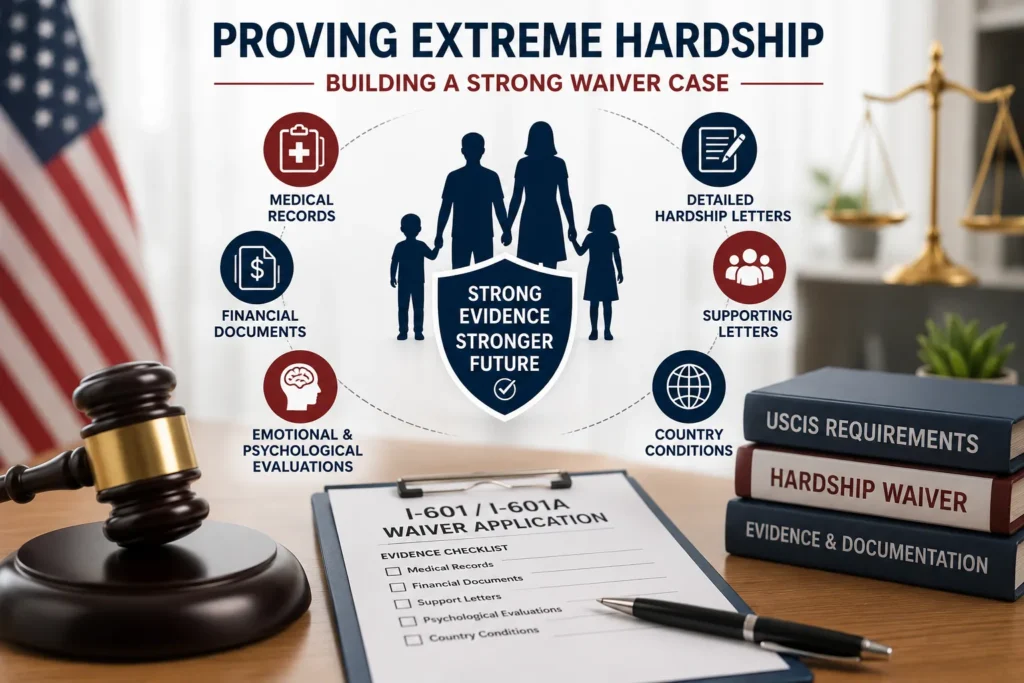 Proving extreme hardship through medical records, financial documents, hardship letters, and supporting evidence for an immigration waiver application.