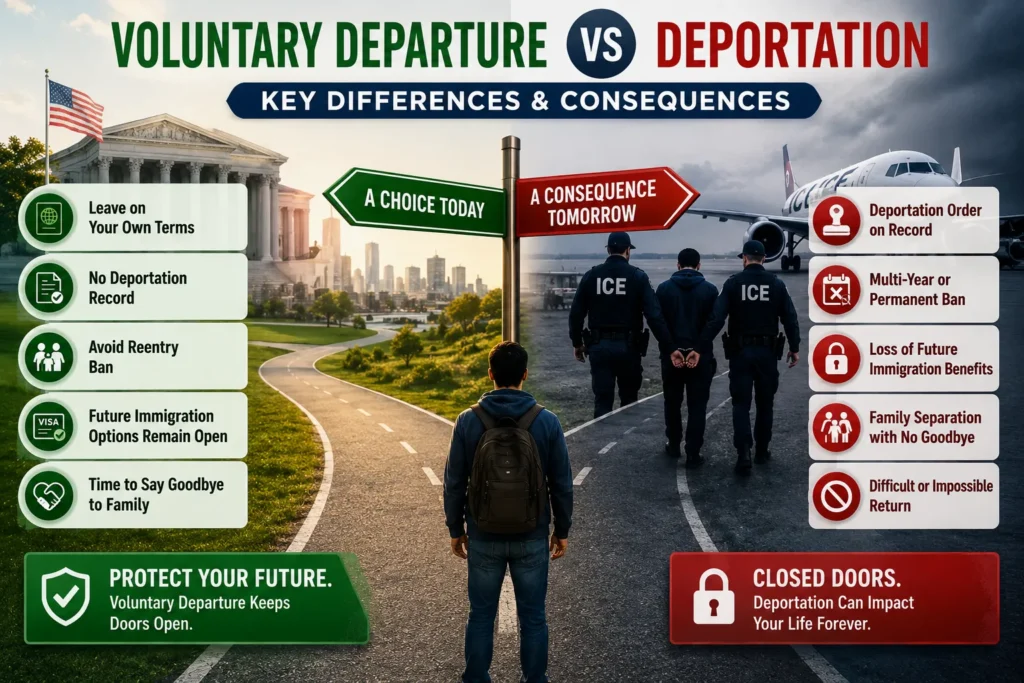 Voluntary departure versus deportation decision showing two immigration paths and their long-term consequences