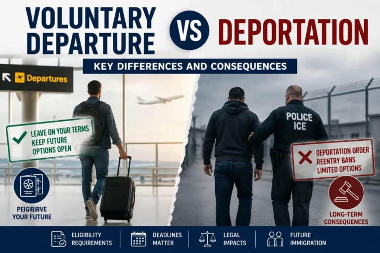 Voluntary departure vs deportation comparison showing immigration consequences, reentry bans, and future immigration options