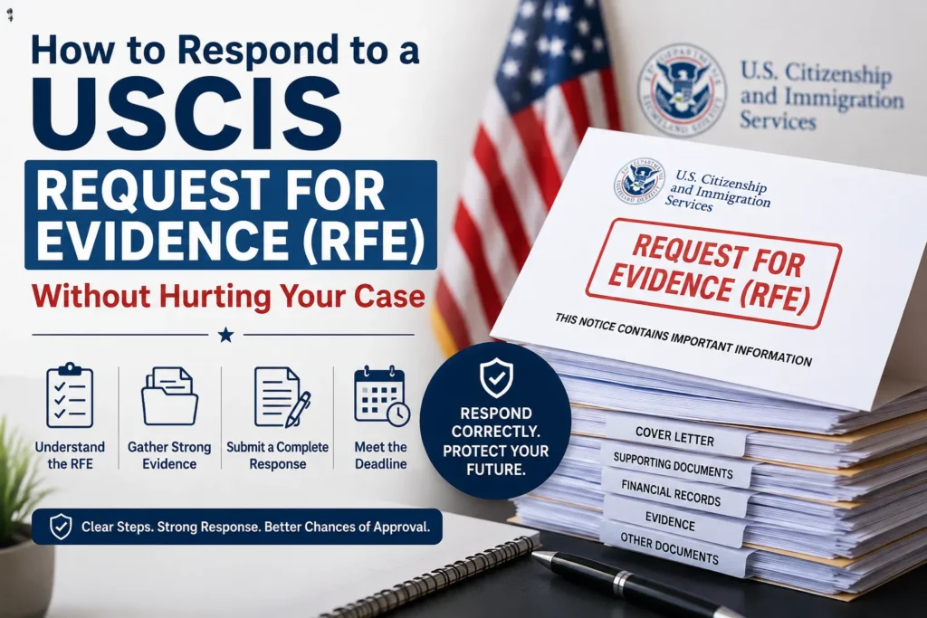 how to respond to a USCIS Request for Evidence (RFE) with organized documents, deadlines, and evidence for a successful immigration case