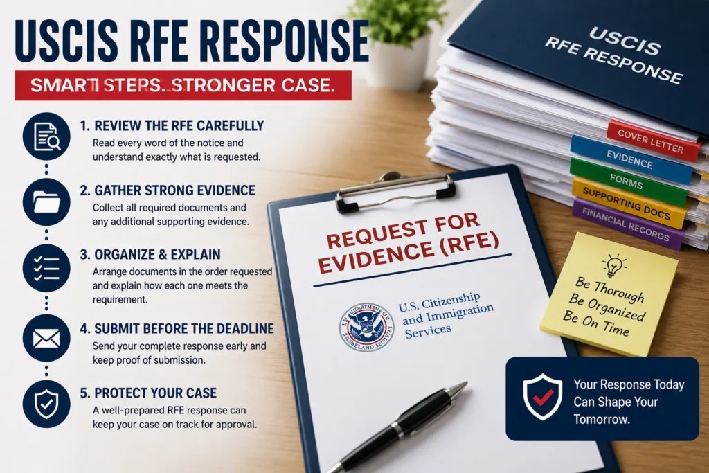 USCIS RFE response checklist explaining how to review the notice, gather evidence, organize documents, and submit a complete Request for Evidence response.